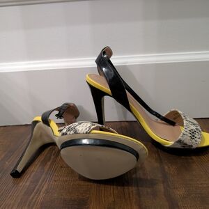 JustFab Black and Yellow Snakeskin Accent High Heel Sandals